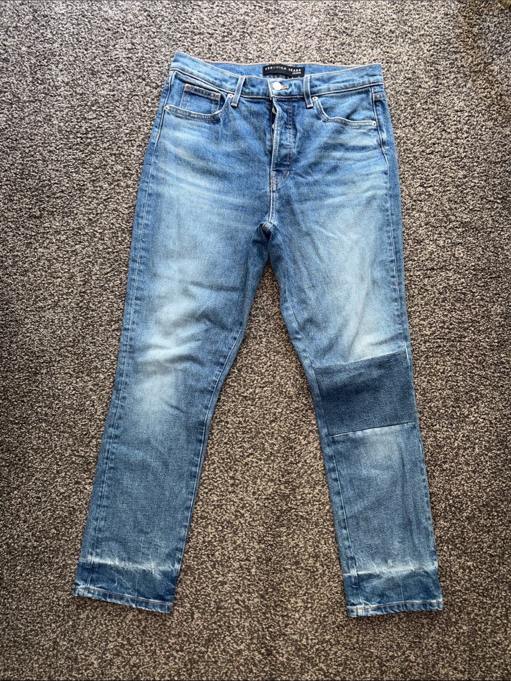 Veronica Beard Ryleigh Slim Straight Denim Jeans High Waist Patchwork Size 29/8